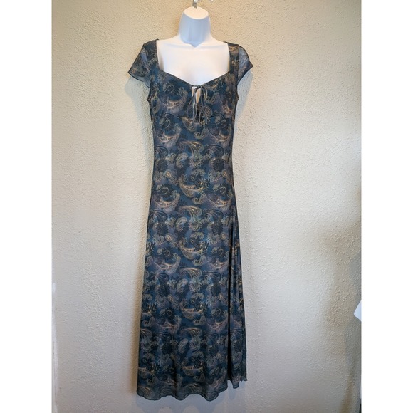 Motel Rocks Paisley Babydoll Maxi Dress Medium Y2k Mesh Fairy Teal Festival - Picture 1 of 8